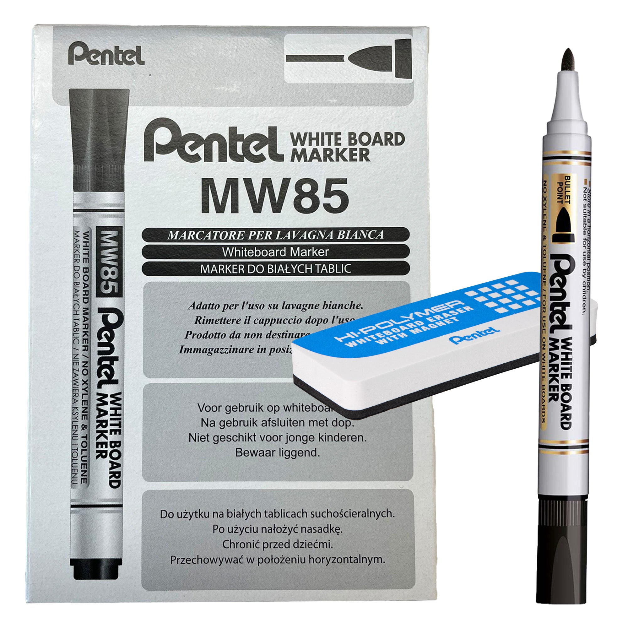 PENTEL - Bundle 12pz marcatore white board mw85 nero punta tonda + cancellino magnetico p - 0022480