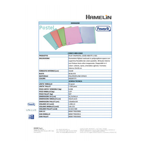 favorit-portalistino-pastel-liscio-ppl-opaco-22x30-cm-40-buste-interne-fisse-colori-assortiti-400115582