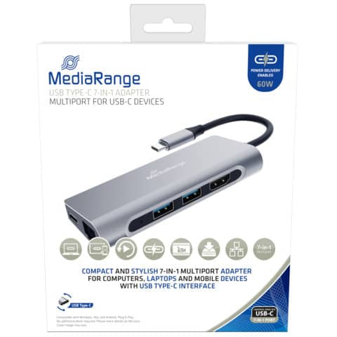 media-range-adattatore-multiplo-usb-type-c-7-in-1-argento-mrcs510