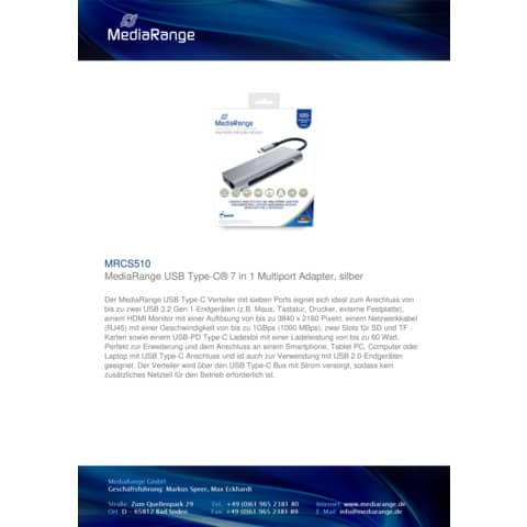 media-range-adattatore-multiplo-usb-type-c-7-in-1-argento-mrcs510