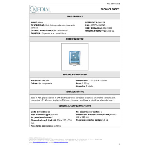 medial-distributore-carta-srotolamento-centrale-wave-blu-trasparente-220x210x310mm-908124