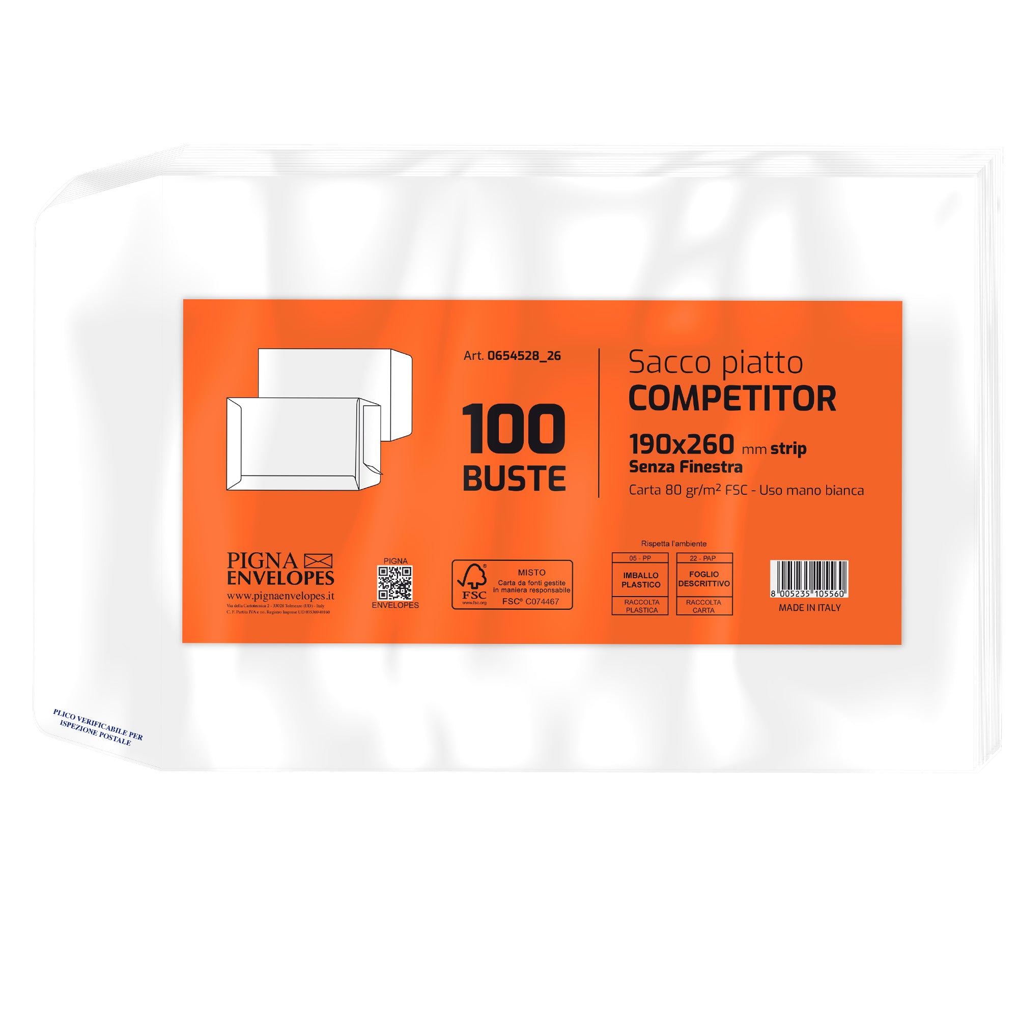 pigna-100-buste-sacco-competitor-fsc-bianca-strip-adesivo-190x260mm-80gr