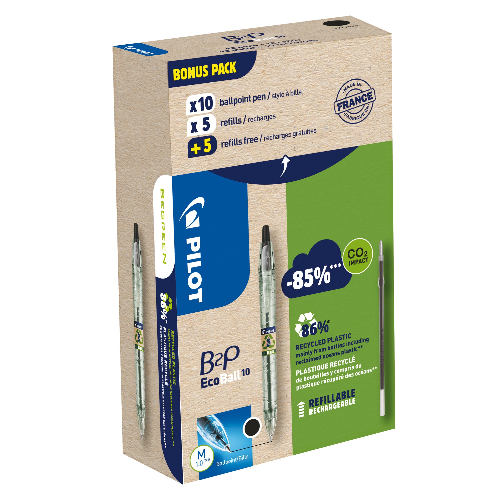 pilot-bonuspack-10-penne-10-refill-b2p-ecoball-punta-1-0mm-nero