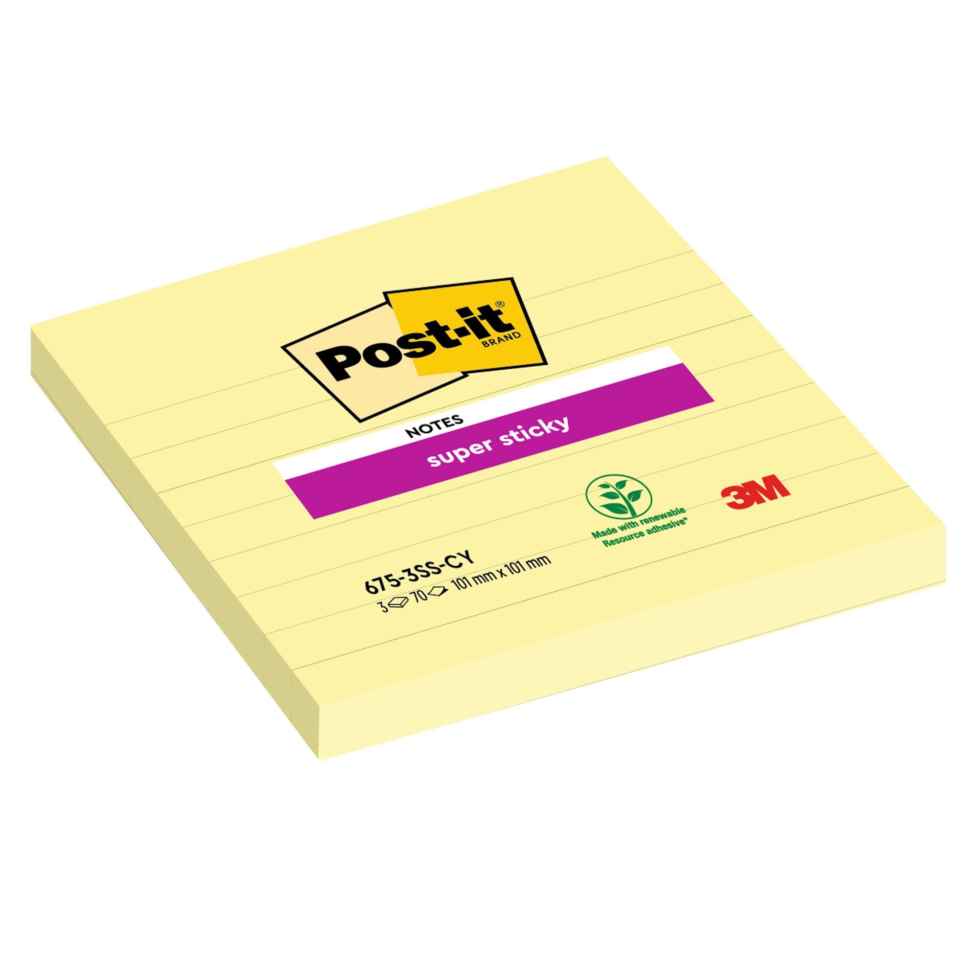post-it-blocco-70fg-super-sticky-giallo-canary-101x101mm-righe-675-ss3cy-eu