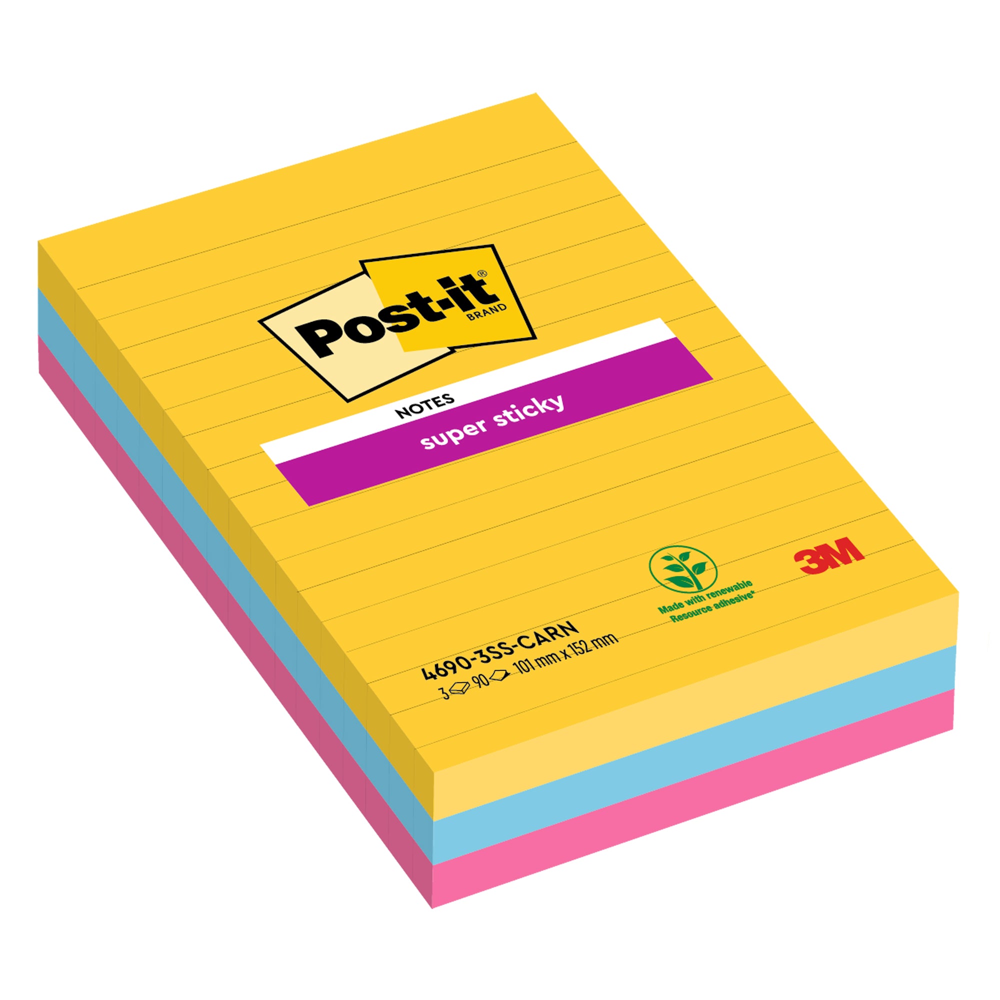 post-it-cf-3pz-blocco-90fg-super-sticky-righe-101x152mm-4690-3ss-carn-carnival