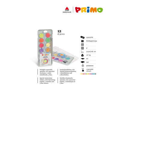 primo-acquerelli-speciali-diametro-30-mm-conf-12-colori-fluo-metallizzati-assortiti-115a12fm