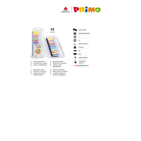 primo-tempere-12-ml-scatola-polipropilene-8-tubetti-metallizzati-4-tubetti-fluo-1-pennello-assortiti-450t12fmp