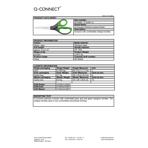q-connect-forbici-universali-elite-softgrip-lame-asimmetriche-grigio-verde-21-cm-kf03987