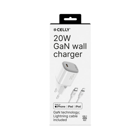 celly-caricatore-parete-gan-1x-usb-c-20w-cavo-usb-c-lightning-bianco-uptc1usbc20wctl
