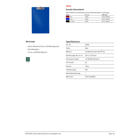 esselte-portablocco-clip-standard-cartoncino-polipropilene-blu-560550