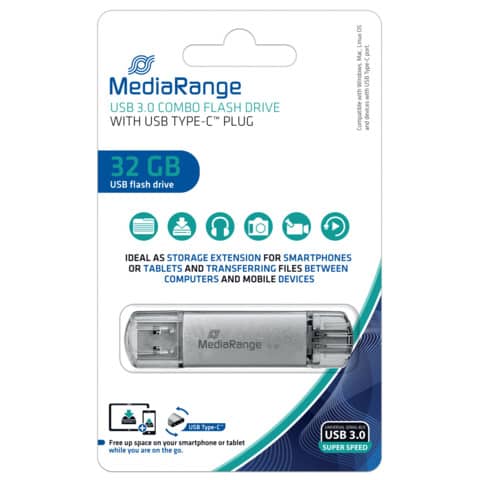 media-range-chiavetta-usb-3-0-spina-usb-type-c-32-gb-argento-mr936