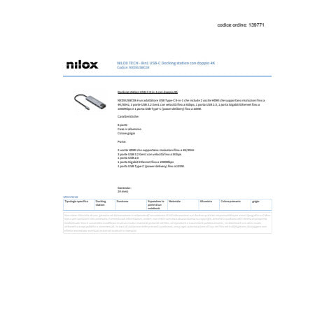 nilox-tech-docking-station-usb-c-8-1-2x-hdmi-4k-1x-rj45-3x-usb-a-3-2-1x-usb-a-1x-usb-c-fino-100-w-grigio-