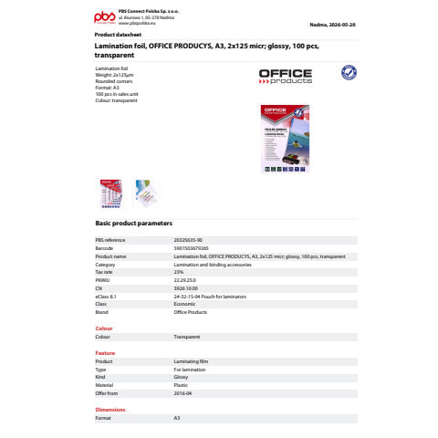 office-products-pouches-plastificatrici-2x125-m-finitura-lucida-a3-conf-100-pezzi-20325635-90