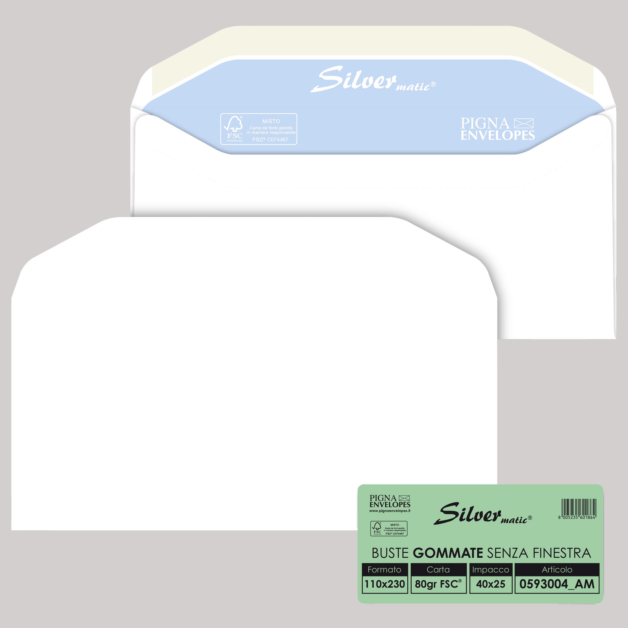 pigna-25-buste-silver-matic-fsc-gommata-bianca-s-finestra-110x230mm-80gr
