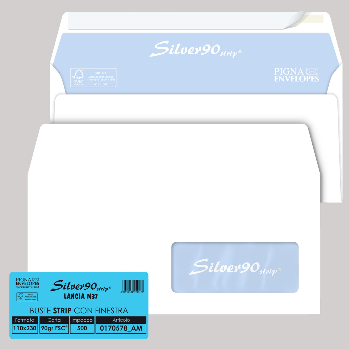 pigna-500-buste-bianche-110x230mm-c-finestra-90gr-silver-90-strip