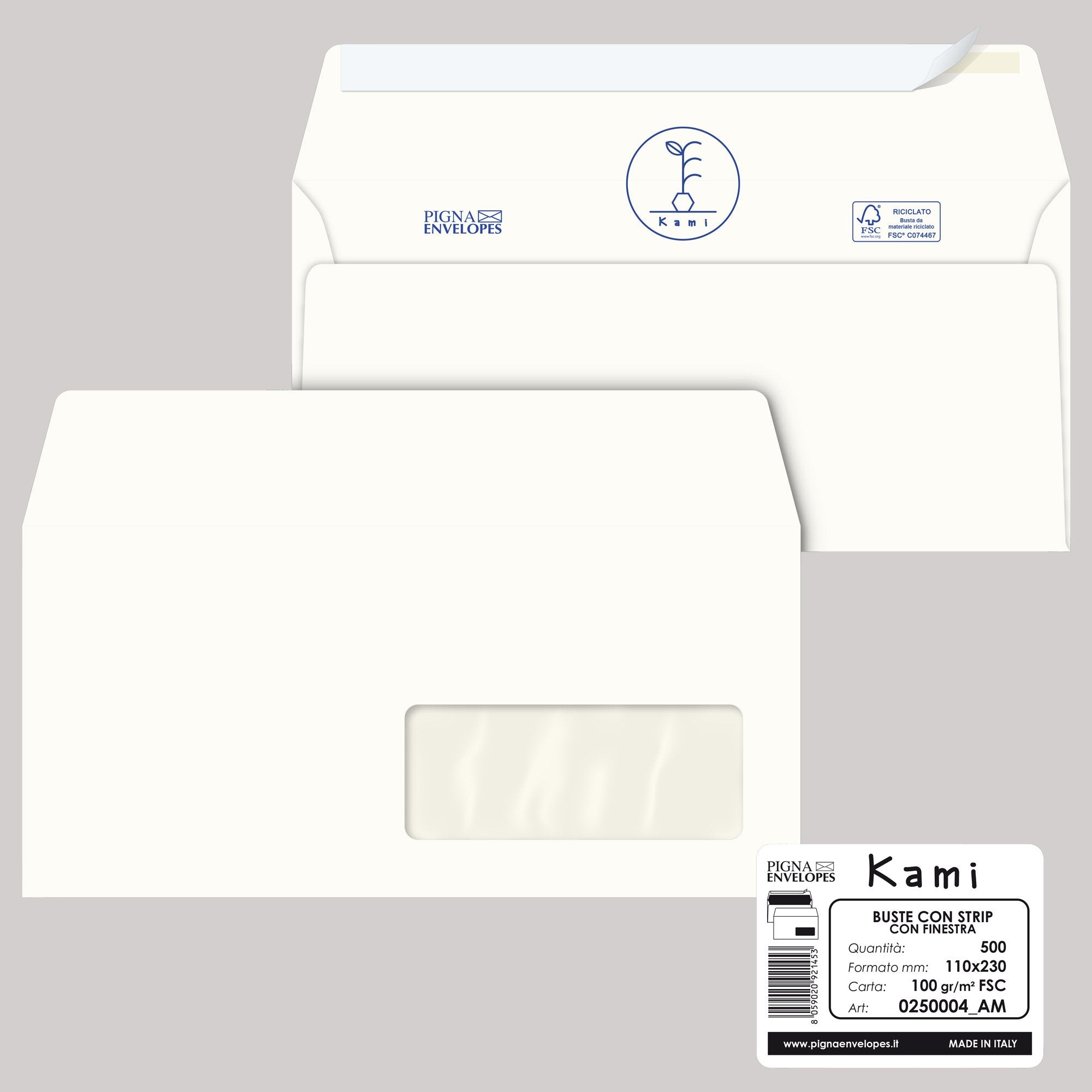 pigna-500-buste-bianche-carta-riciclata-strip-110x230mm-finestra-100gr-kami
