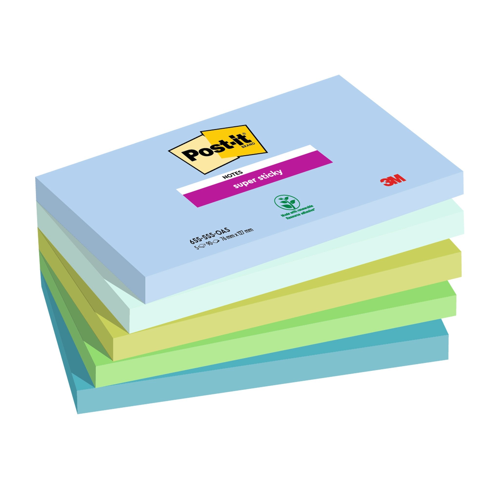 post-it-cf-5pz-blocco-90fg-super-sticky-76x127mm-655-5ss-oas-oasis