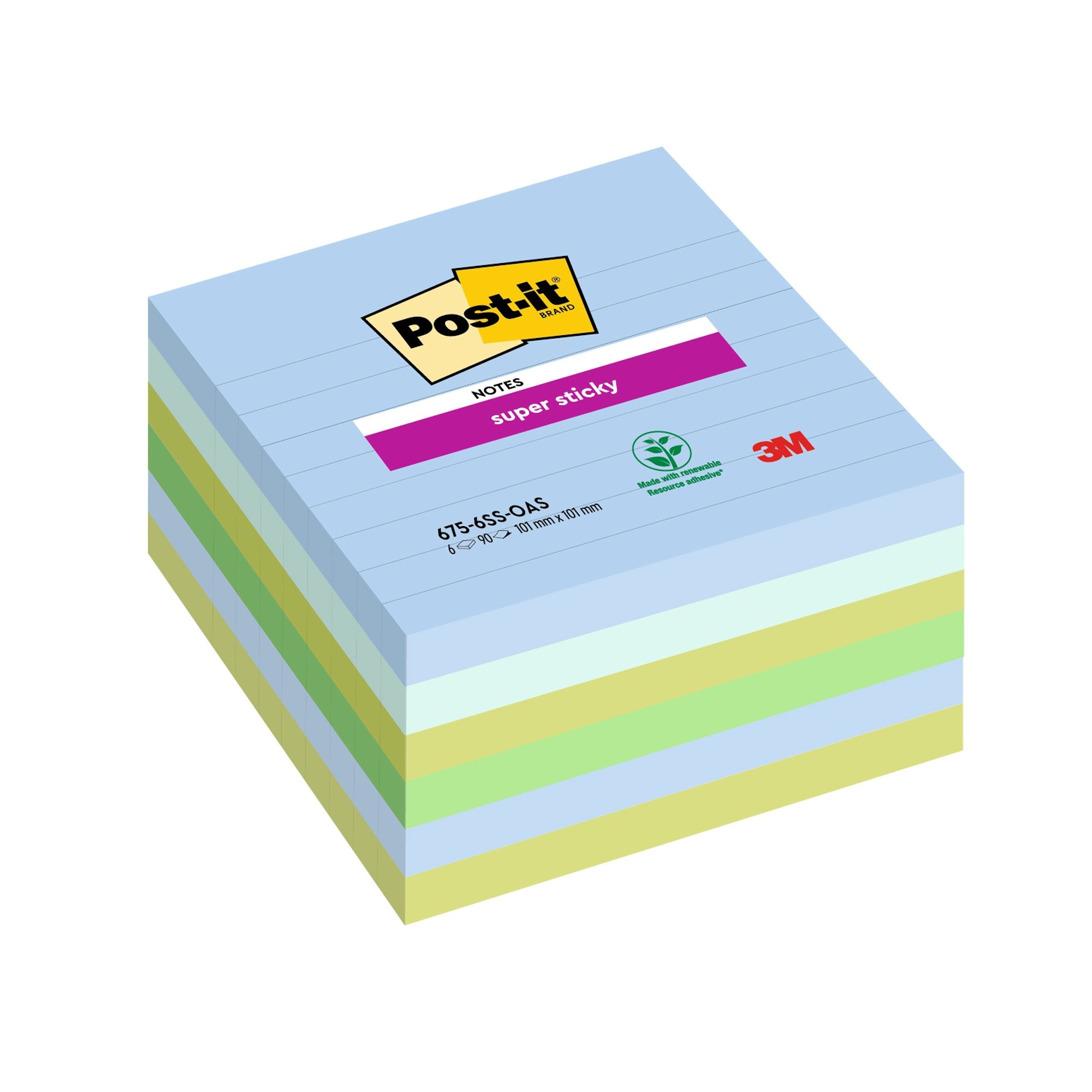 post-it-cf-6pz-blocco-90fg-super-sticky-100x100mm-righe-oasis-675-6ss-oas