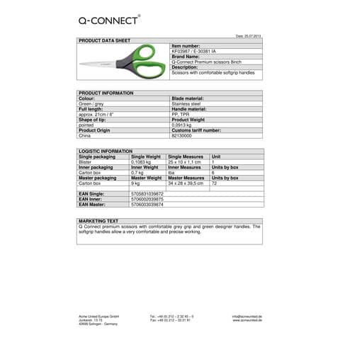 q-connect-forbici-universali-elite-softgrip-lame-asimmetriche-grigio-verde-21-cm-kf03987