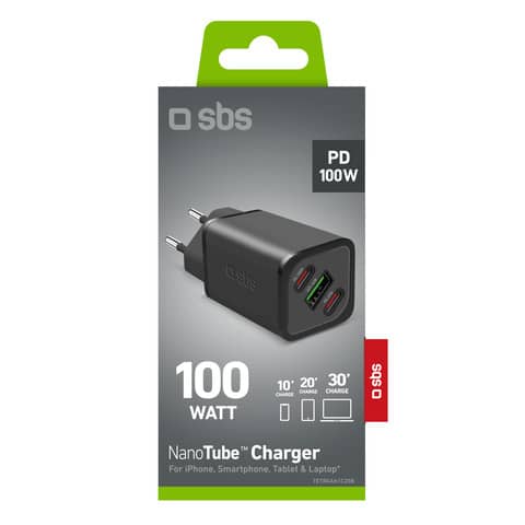 sbs-caricatore-parete-gan-1xtype-c-100w-ultra-fast-pd-1x-type-c-65w-ultra-fast-pd-1xusb-afc-36w-bianco