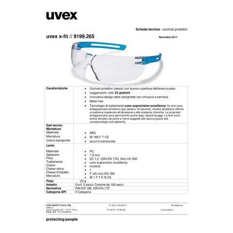 UVEX 9199265 Occhiali protettivi a stanghetta x fit metal free supravision excellence lenti in pc trasparenti blu 4031101675633