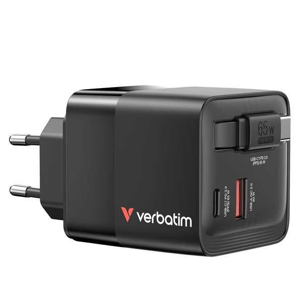 verbatim-caricabatterie-muro-gan-65w-2-porte-cavo-retrattile