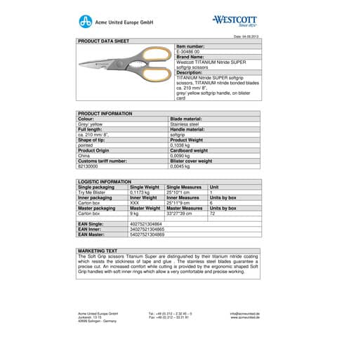 westcott-forbici-softgrip-titanium-super-multi-simmetriche-giallo-grigio-lama-21-cm-e-30486-00