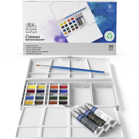 winsor-newton-set-acquerelli-winsornewton-cotman-painting-plus-16-mezzi-godet-3-tubetti-tempere-8-ml-colori-assortiti-