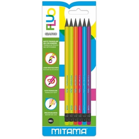 mitama-matita-triangolare-gommino-grapho-legno-nero-hb-fusto-colori-fluo-conf-6-pezzi-61952