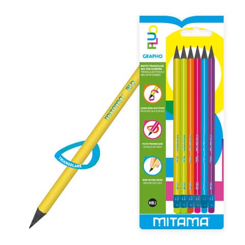 mitama-matita-triangolare-gommino-grapho-legno-nero-hb-fusto-colori-fluo-conf-6-pezzi-61952